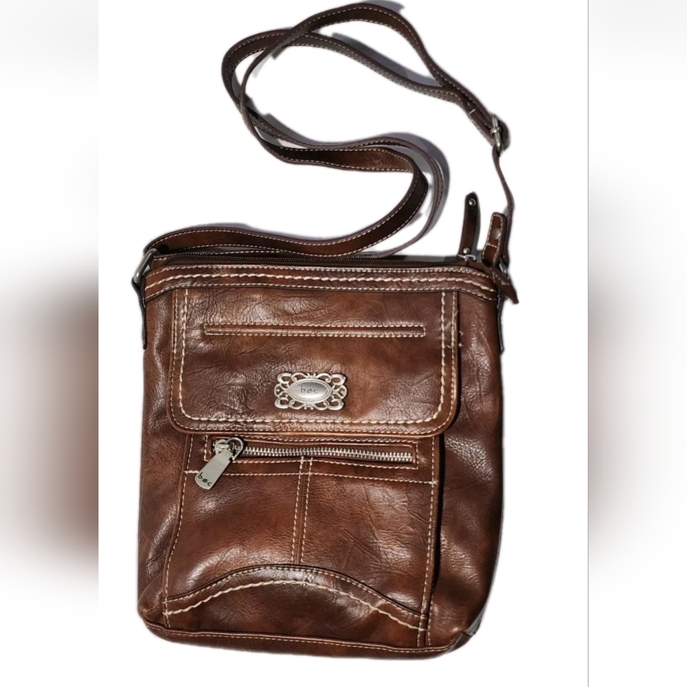 BOC B.O.C. Brown Faux Leather Purse Bronson Crossbody Western Bag Silver EUC